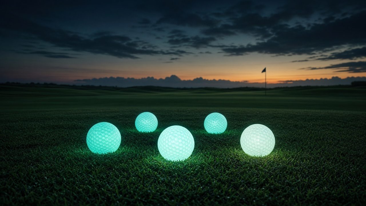 AI illustration of glowing golf balls on a fairway at dusk (not a product photo)