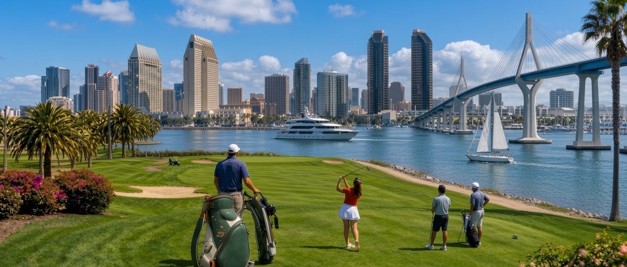 AI-generated artwork of golfers on a bayside course with a city skyline, a bridge and yachts